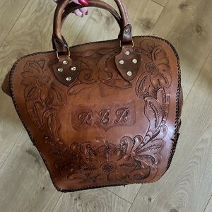 Vintage Etched Brown Tan Leather Embossed Handbag Bowling Bag Tote Bag Western